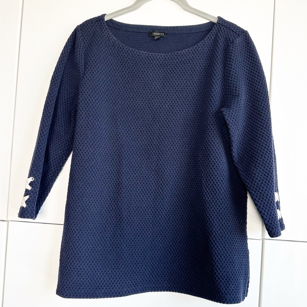 Talbots Waffle Knit Sweater Navy Blue Boat Neck Size Medium Coastal Resort